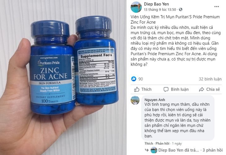 Hỏi đáp về Puritan's Pride Premium Zinc For Acne trên Facebook